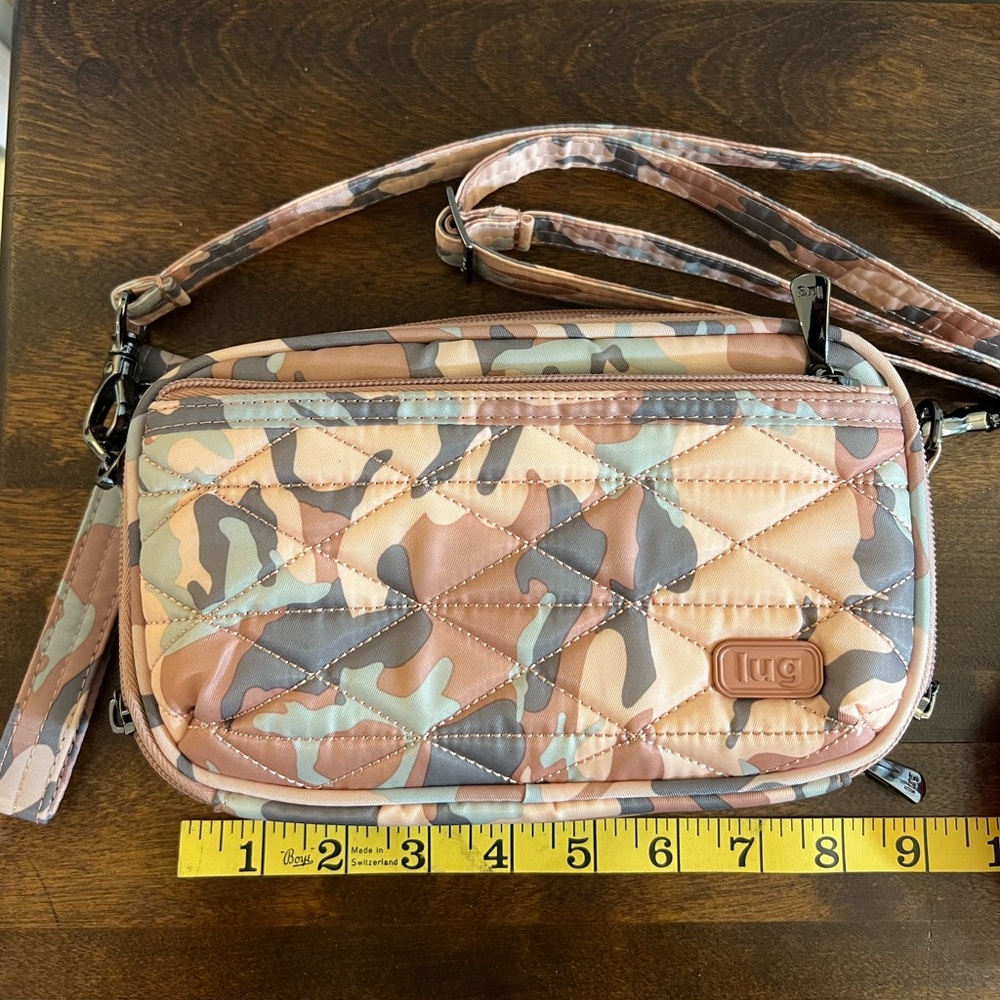 Ladies LUG ROUNDABOUT long strap camo purse bag crossbody wristlette grey cream